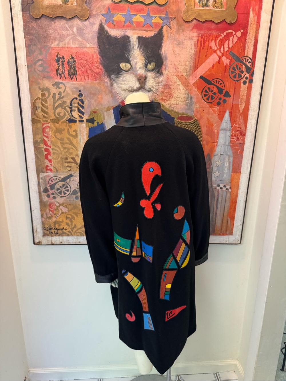 PikaMo extremely rare Vintage 80s black swing coat multicolor leather graphics
